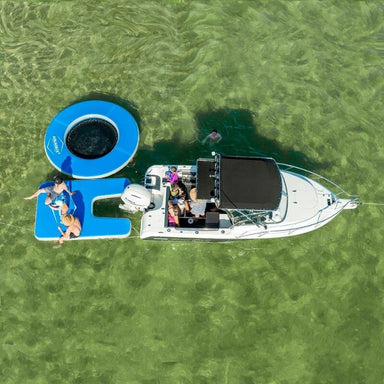 AquaDeck Inflatable U Shaped Pontoon for Outboard Boats Main Image with Roller Bag and Pump