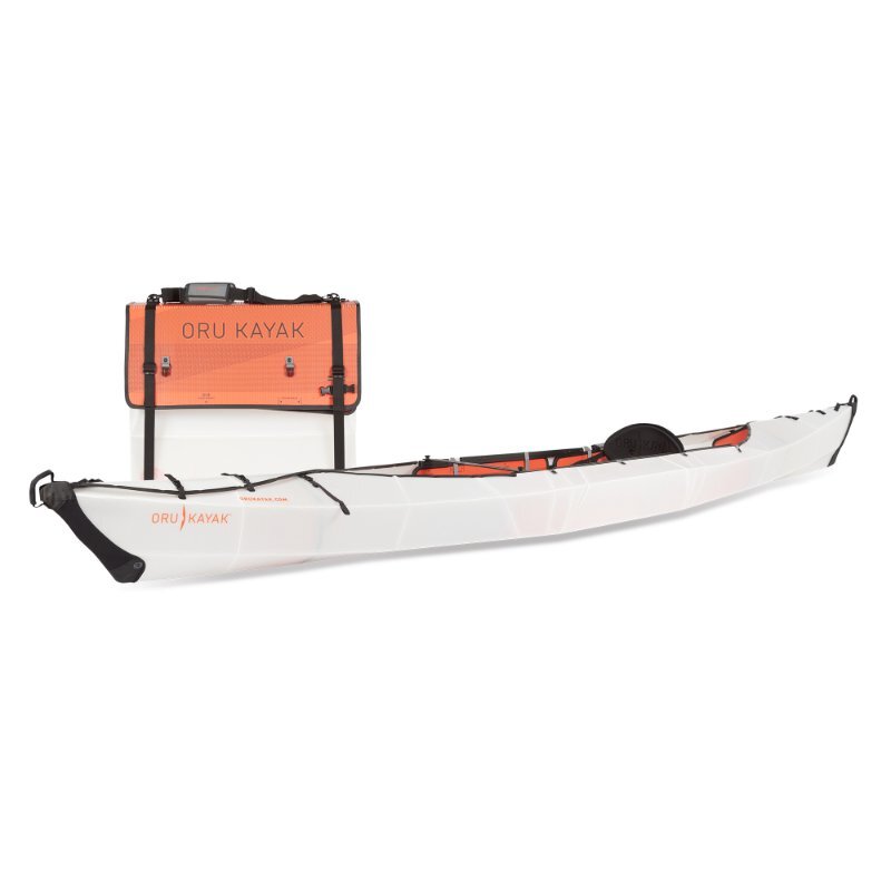 Oru Haven Kayak unfolded side view with black seats and white body