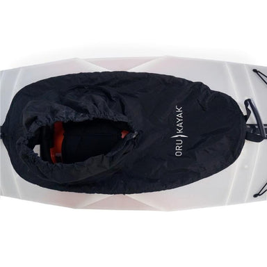 Oru Nylon Spray Skirt Black attached on top of white kayak