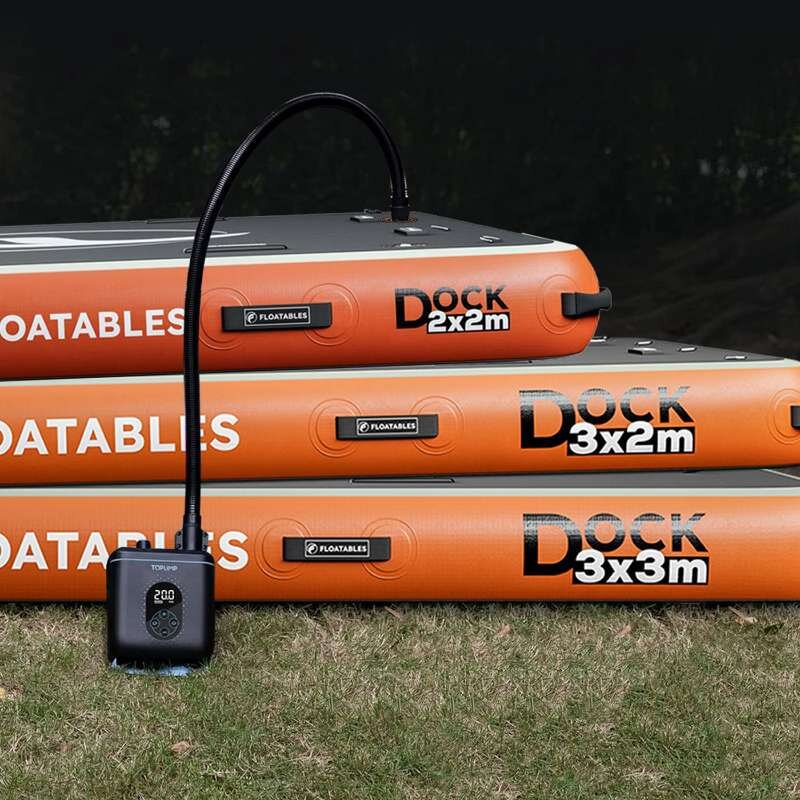 TOPUMP TPS260 inflating floatables dock with pump connected and ready to go