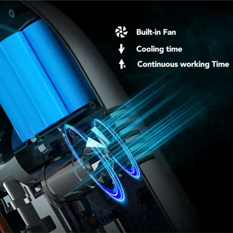 TOPUMP TPS260 pump internals showing built-in fan for cooling time and continuous working time