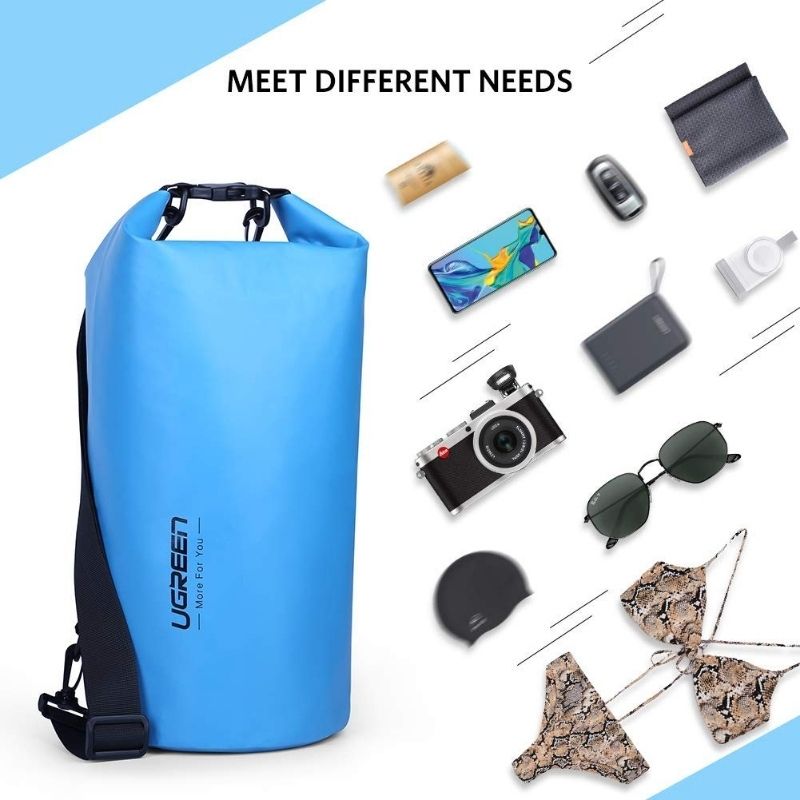 UGREEN floating waterproof dry bag with items like camera, sunglasses, and phone