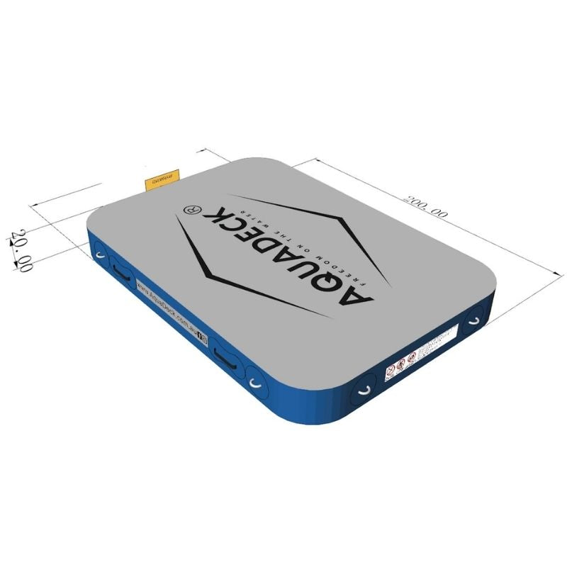 AquaDeck inflatable dock extension with blue and grey design showing side dimensions