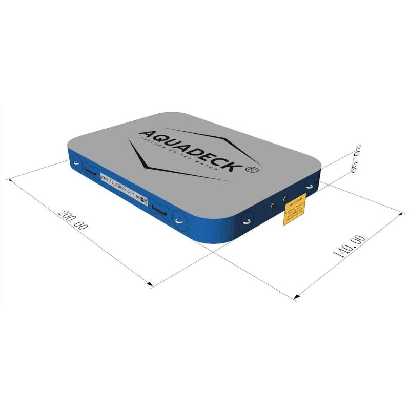 AquaDeck inflatable dock extension with blue and grey design showing top-view dimensions