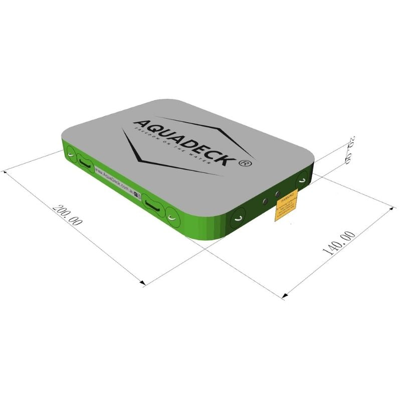 AquaDeck inflatable dock extension with green and grey design showing top-view dimensions