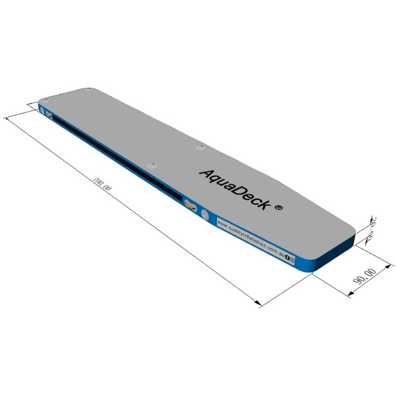 Side angular view of AquaDeck inflatable straight pontoon in blue