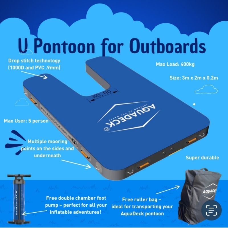 AquaDeck Inflatable U-Shaped Pontoon for outboards with pump and carry bag, durable and versatile