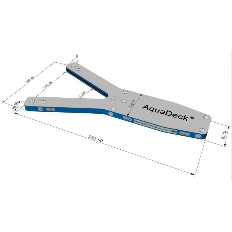 Full 3D model of Aquadeck inflatable Y pontoon showing precise dimensions