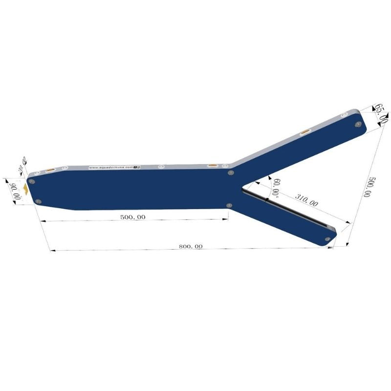 Aquadeck inflatable Y pontoon with blue side view and detailed dimensions