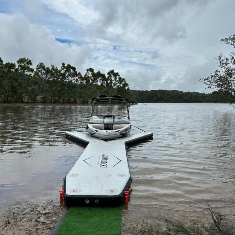 Aquadeck Inflatable Y Pontoon used for parking a boat