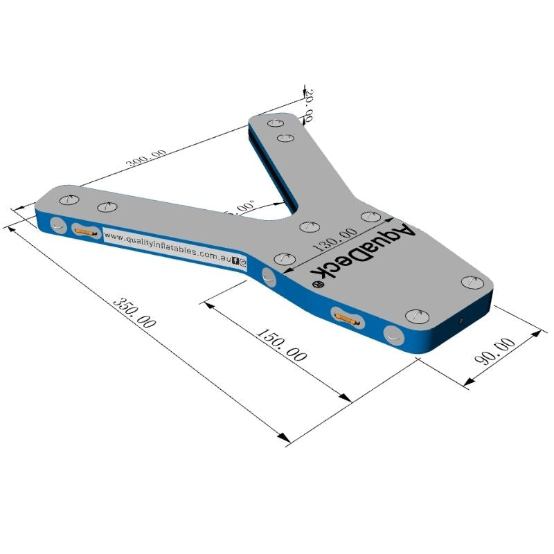 Aquadeck inflatable Y pontoon with boat and trees in background