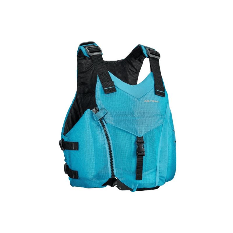 Astral Layla PFD blue side view showing adjustable straps and zippered pocket