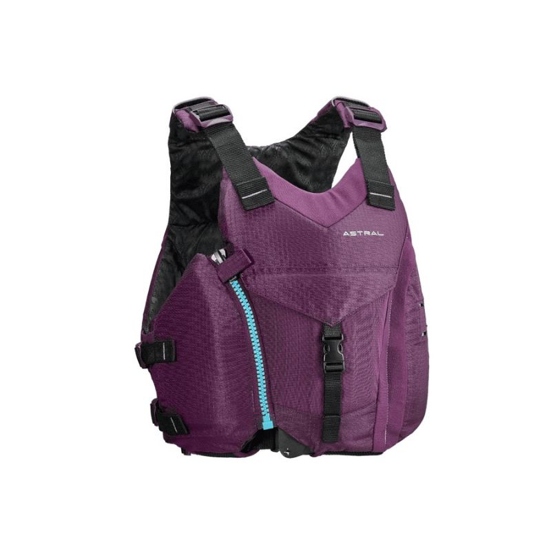 Astral Layla PFD purple side view showing zippered pocket and straps