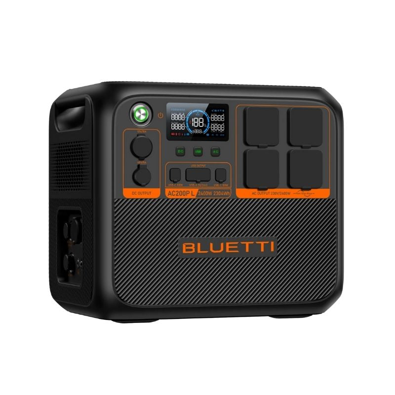 Detailed side view of bluetti ac200pl power station with accessible ports