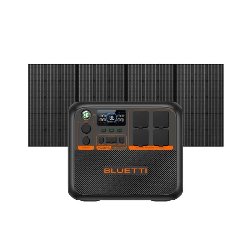 bluetti ac200pl power station connected to solar panel for outdoor charging