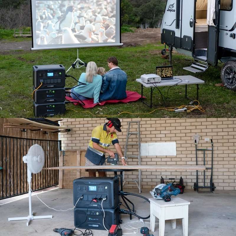 Outdoor use of the Bluetti B300S, illustrating its versatility for camping and remote power solutions