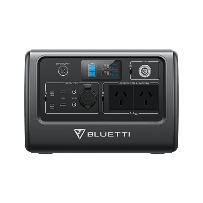 Detailed view of Bluetti EB70 power station controls and outlets, showcasing eb70 bluetti functionality