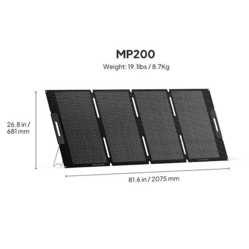 Bluetti mp200 200w solar panel with dimensions and weight displayed