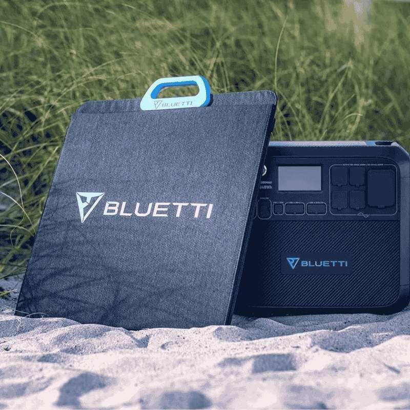 Bluetti PV120 portable solar panel with Bluetti power station on the beach