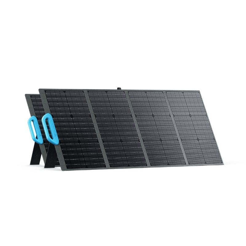 Bluetti PV120 portable solar panel powering a camping tent