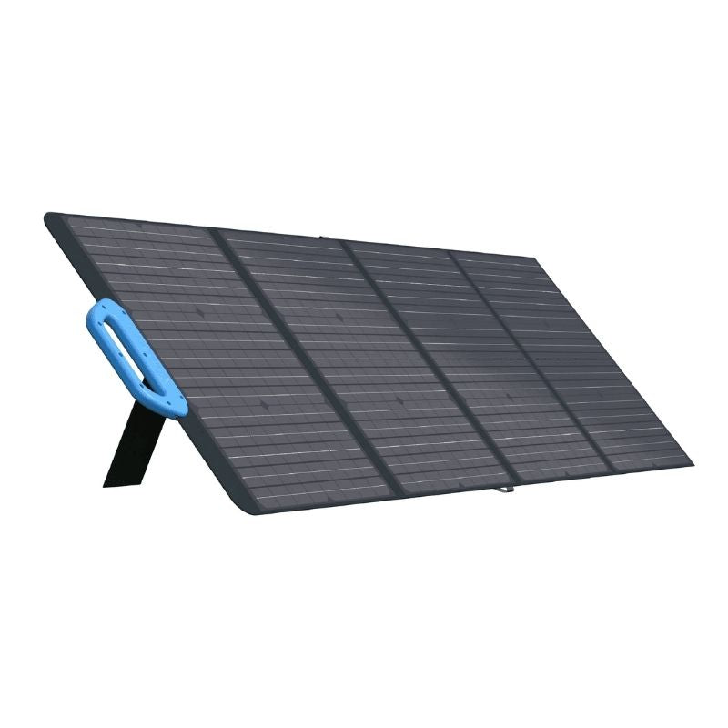 Bluetti PV120 solar panel featuring an adjustable stand for optimal sunlight capture