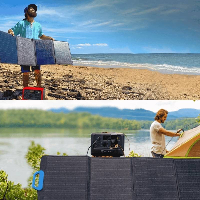 Bluetti PV120 solar panel used on the beach and for camping