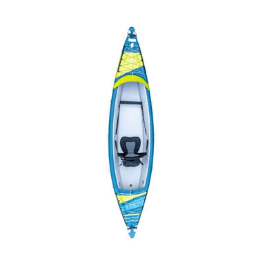 Top view of the blue and yellow Tahe Breeze Full HP1 inflatable kayak