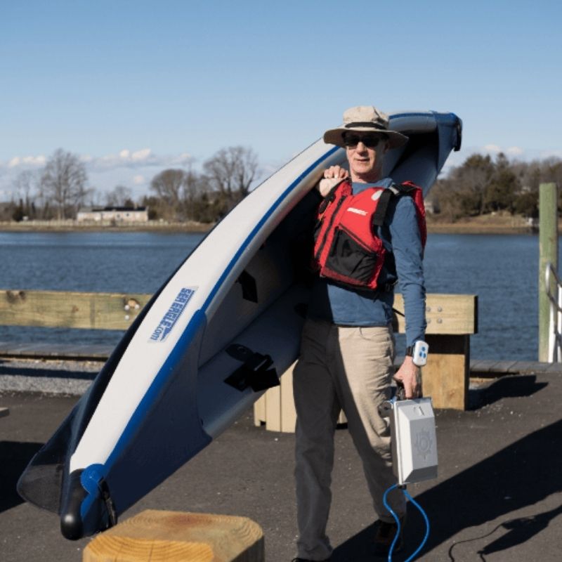 Carrying the Sea Eagle 393RL RazorLite inflatable kayak to the water