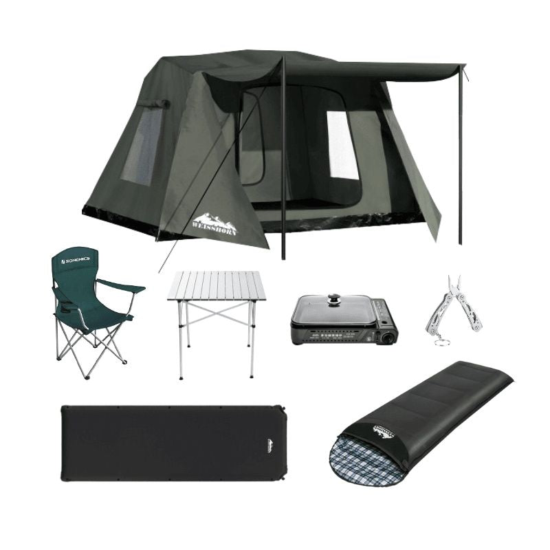 Compact Co. 2-Person Standard Camping Set complete with tent, chairs, table, and tools