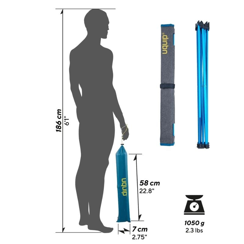 Compact Co. 4-Person Elite Camping Set showing height of person holding the packed camping set and dimensions of compact storage