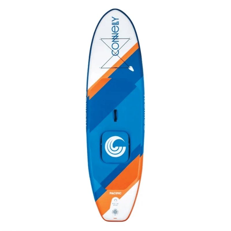 Connelly Pacific SUP inflatable paddleboard top view with blue and orange design