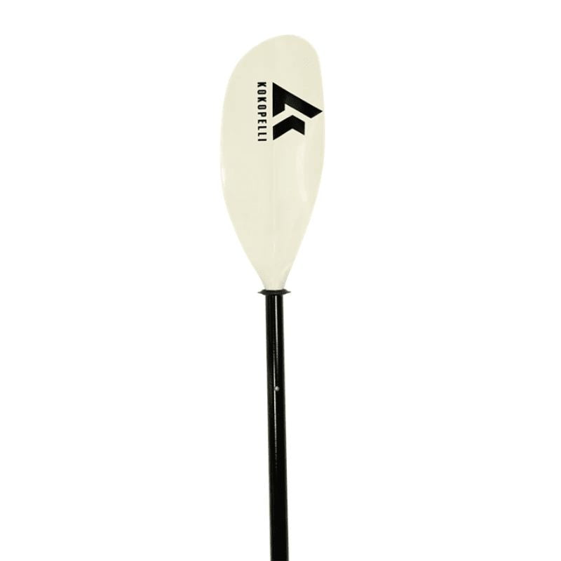 Close-up of Kokopelli Alpine lake paddle white blade and black rod with logo