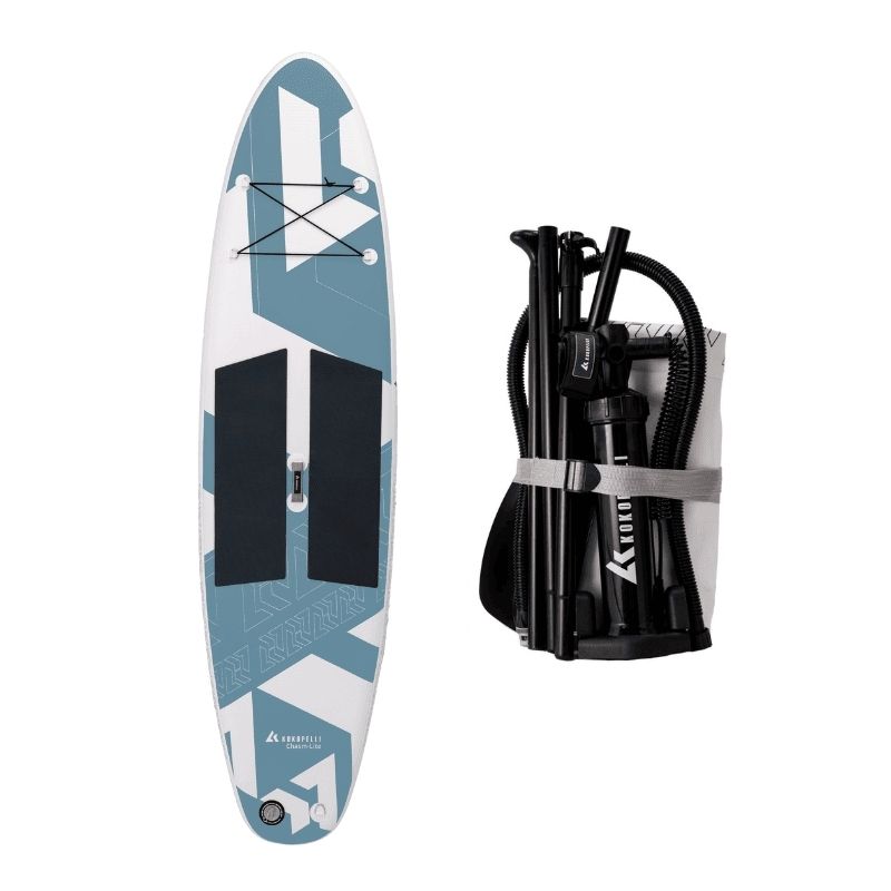 Kokopelli Chasm-Lite inflatable board alongside pump and carrying bag