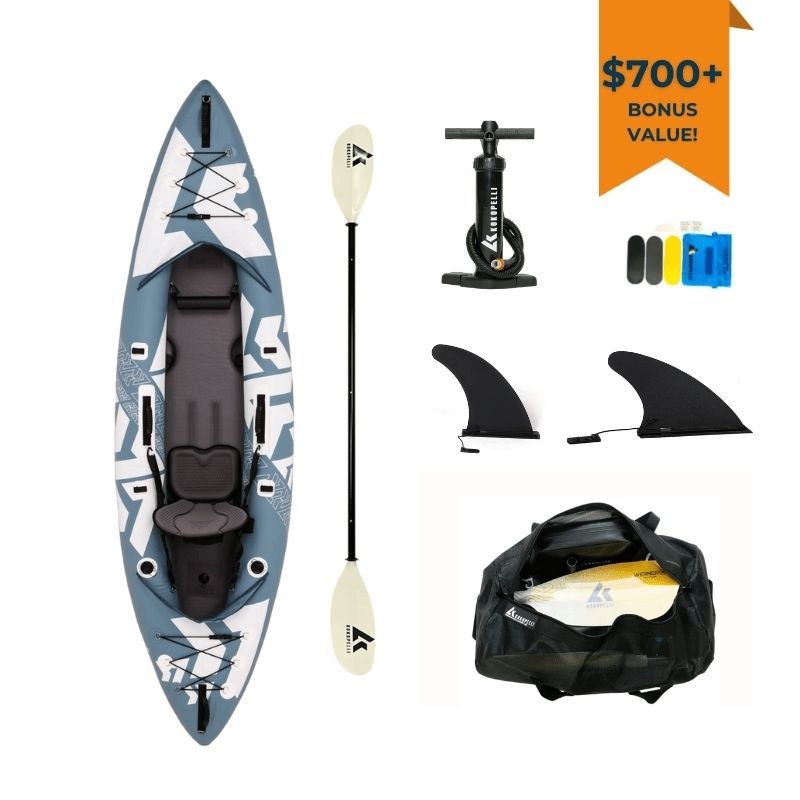 Kokopelli Platte kayak in smoke blue with paddle, pump, fin, and accessories bonus pack