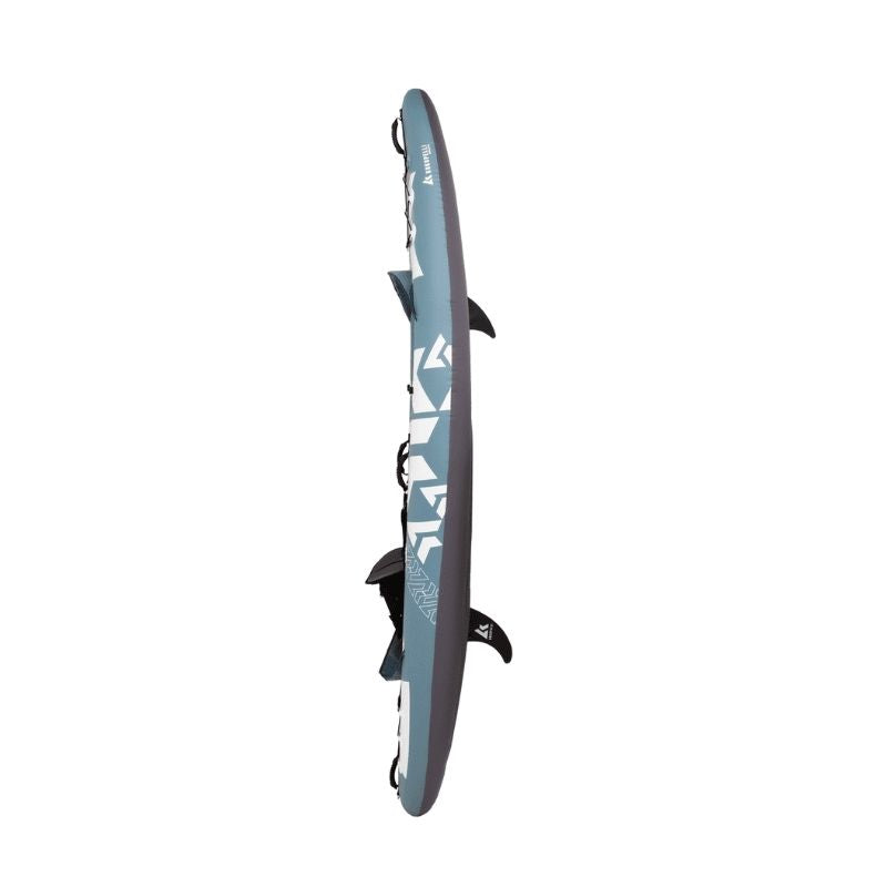 Profile view of Kokopelli Platte kayak in smoke blue showing attached fins