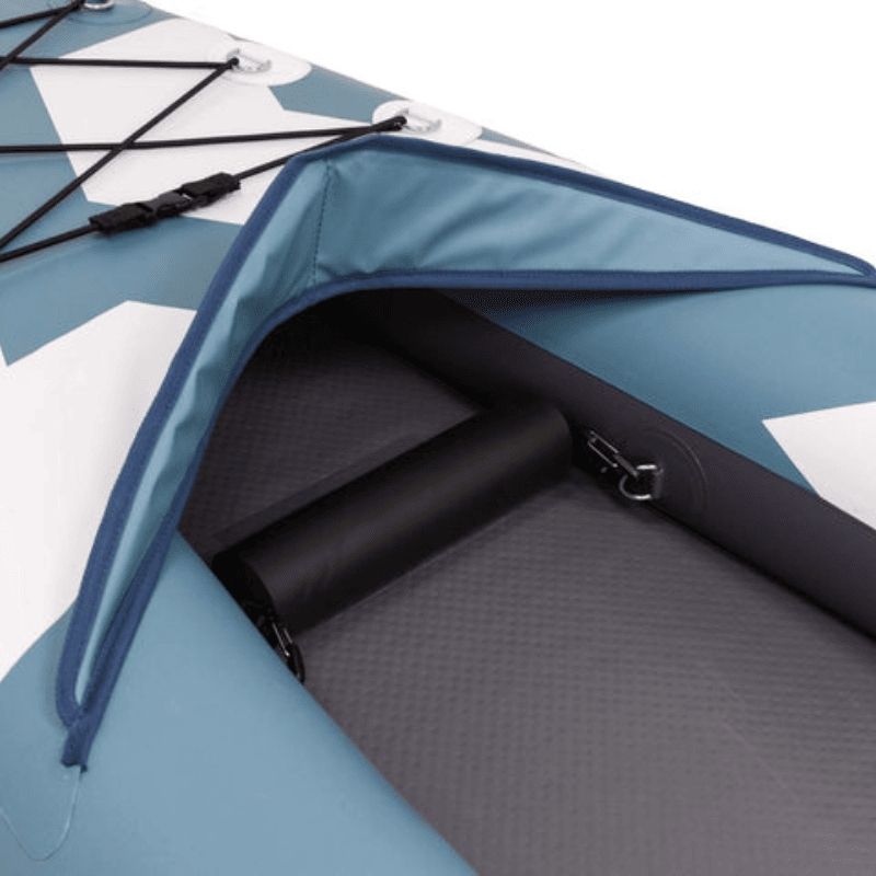 Close-up of storage compartment with zipper on Kokopelli Platte kayak in smoke blue