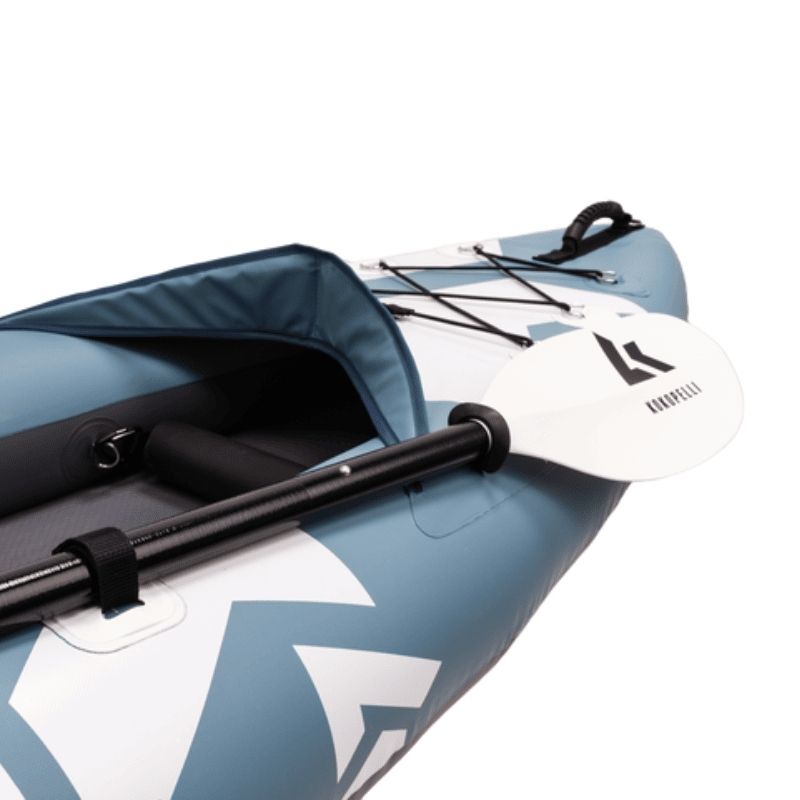 Kokopelli Platte Plus paddle securely attached with gear loops on the inflatable kayak