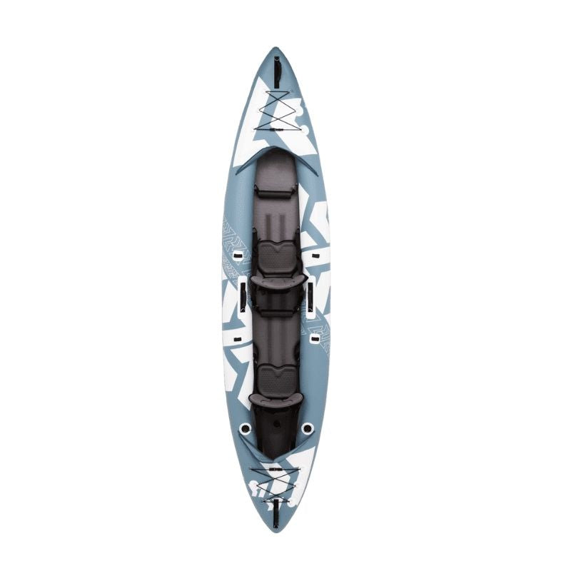 Top view of the Kokopelli Platte Plus inflatable kayak with two seats and storage straps