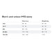 Men's and unisex PFD size chart showing chest and weight range for Palm Kaikoura PFD