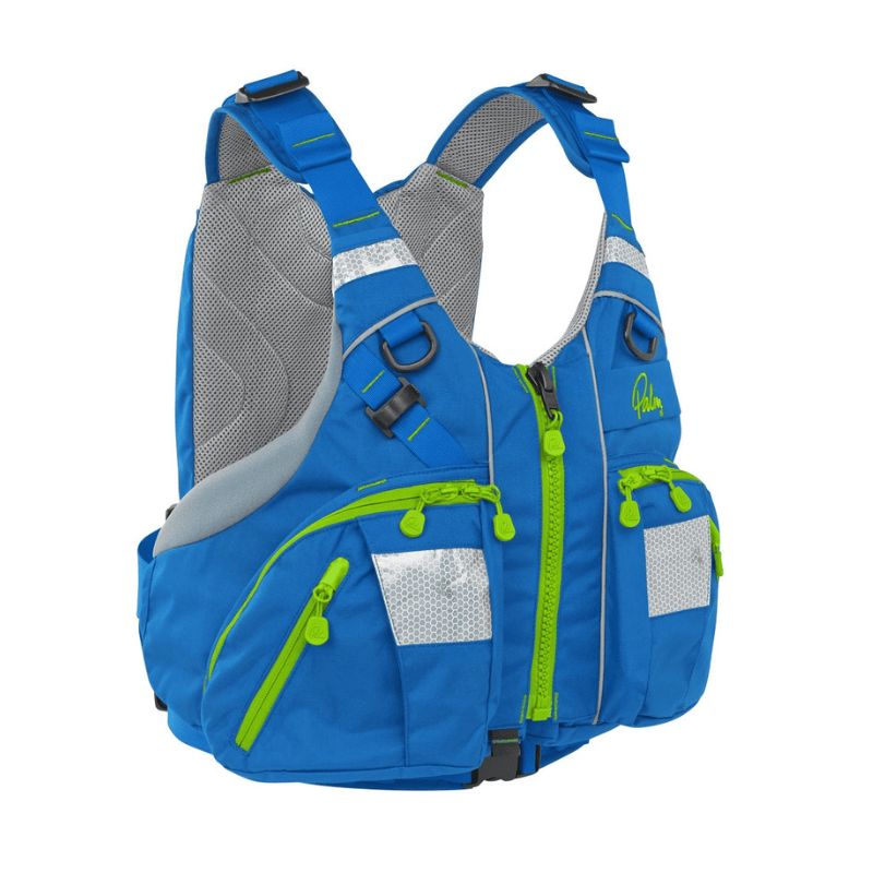 Palm Kaikoura PFD blue front view with reflective strips and multiple pockets