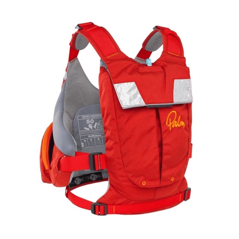 Palm Kaikoura PFD red back view with reflective strips and 50N buoyancy rating