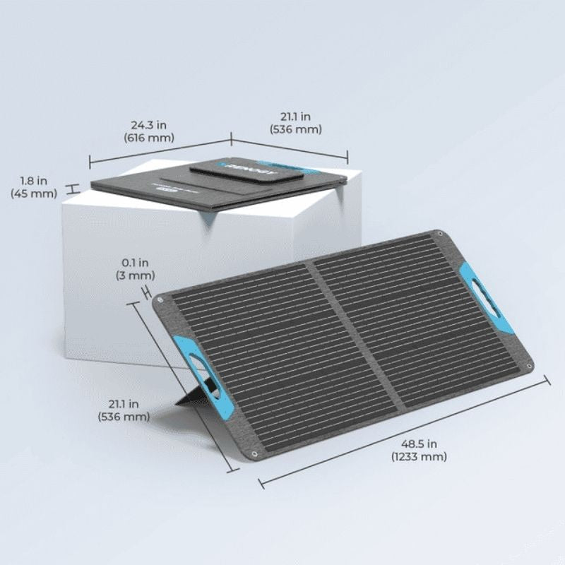 Renogy 100W portable solar panel with dimensions and compact storage