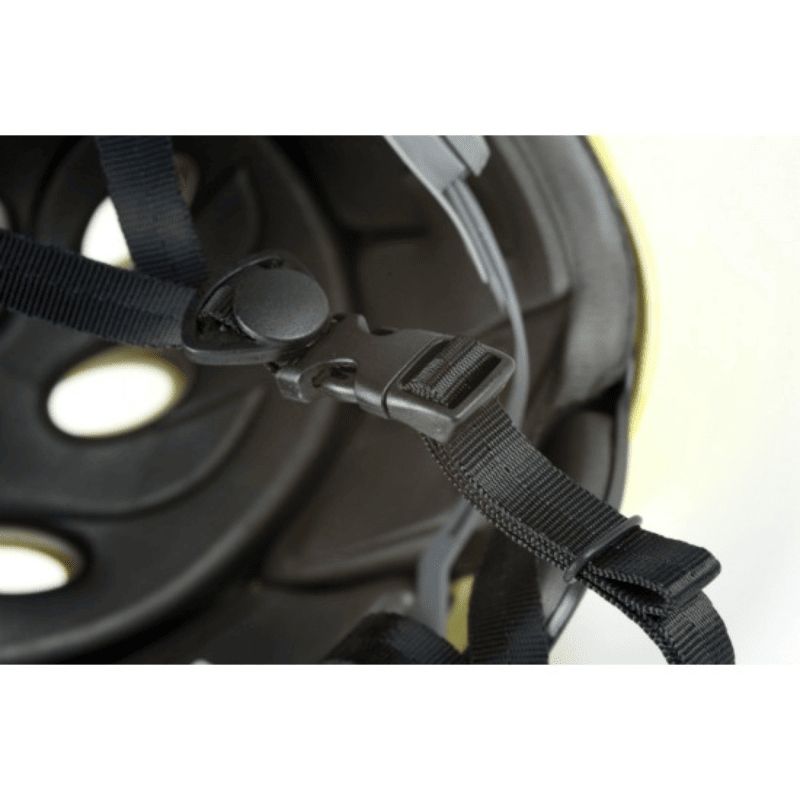 Closeup of adjustable strap and buckle on RUK helmet for water sports safety