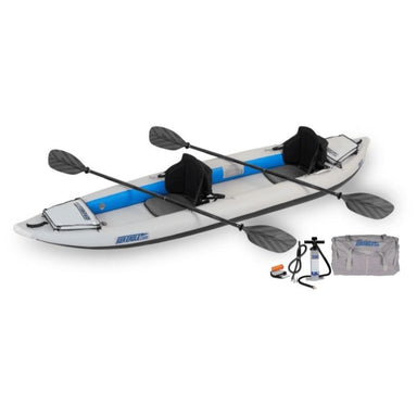 Sea Eagle 385ft FastTrack kayak package with paddles, pump, and storage bag