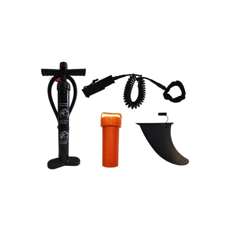 Surge All-Rounder 10'6" x 33" x 6" inflatable SUP accessories set including pump, leash, and fin