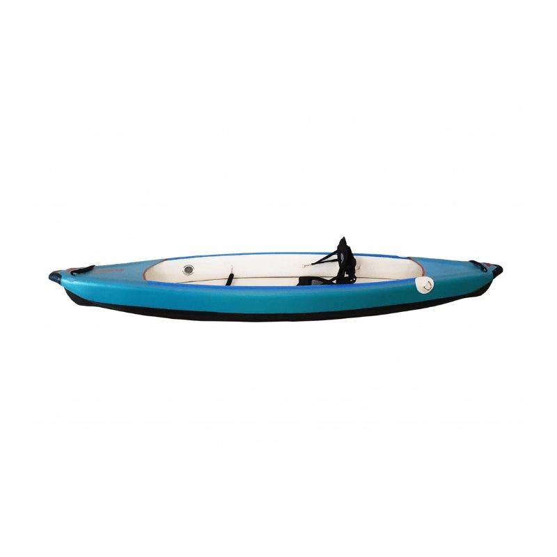 Surge inflatable kayak single, side view showing kayak design and seating