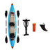 Surge inflatable kayak double, top view with included accessories such as pump, fin, and leash