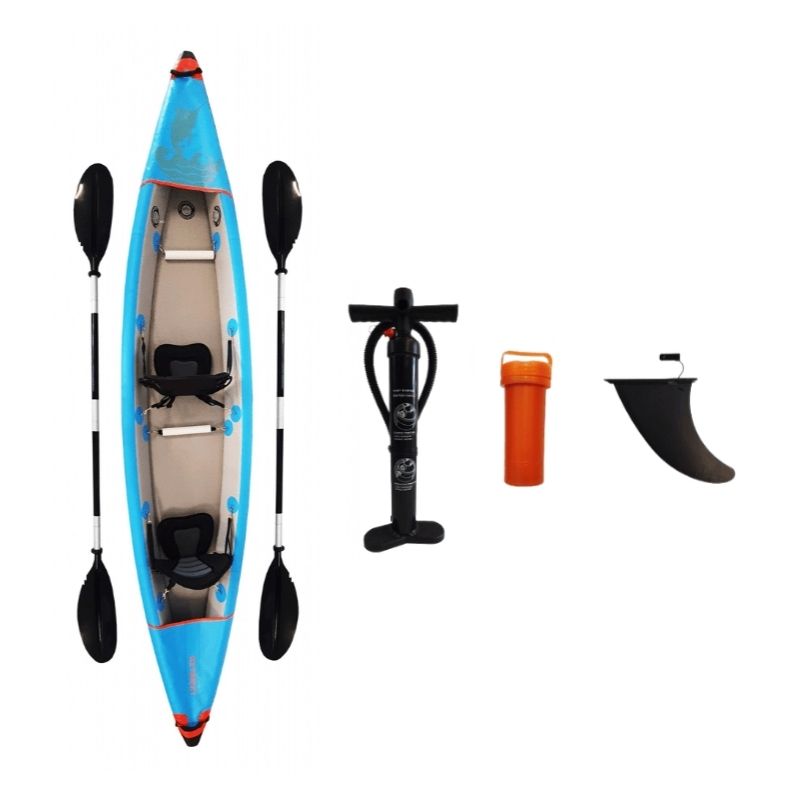 Surge inflatable kayak double, top view with included accessories such as pump, fin, and leash