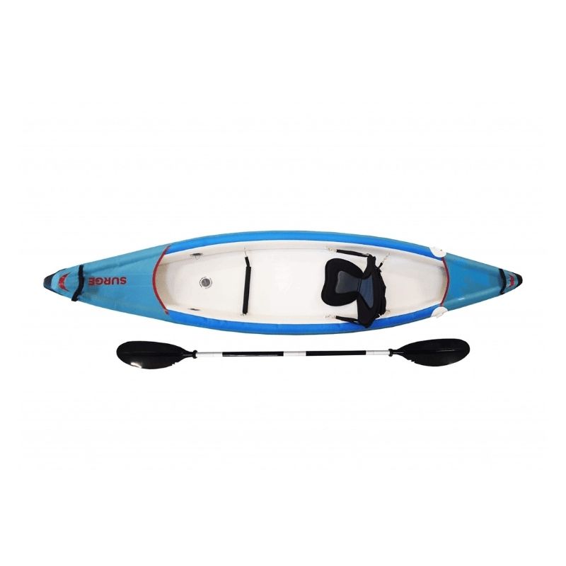 Surge inflatable kayak single, top view showing seating area and overall layout