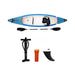 Surge inflatable kayak single, top view with included accessories and paddle